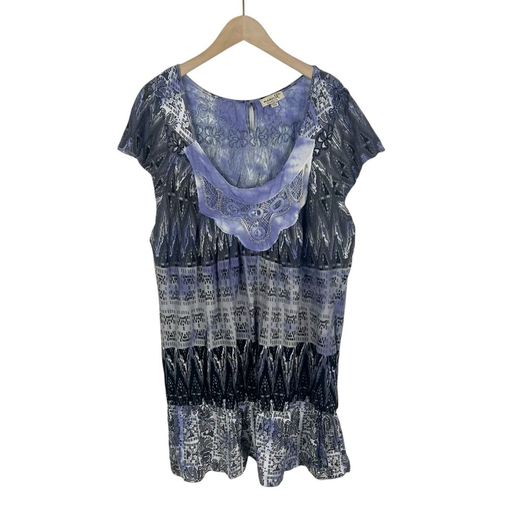 Emerald Blue and Gray Boho Print Short Sleeve Tunic Top Size XL